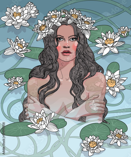 vector beauty girl mermaid goddess and nymph in the water full of water lilies