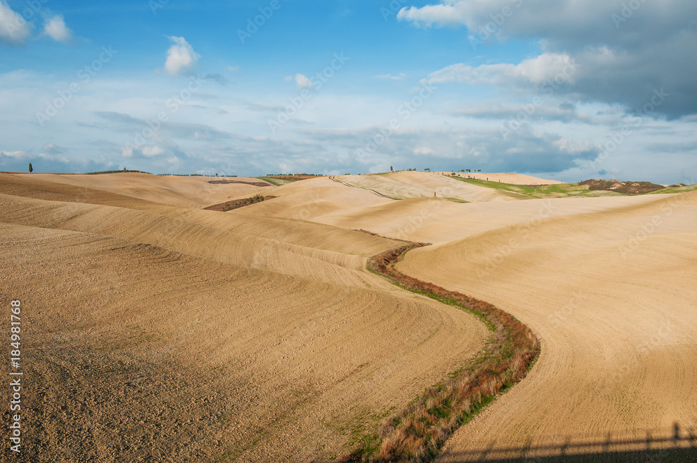 Panoramic view of tuscan countryside landscape and rolling hills, Tuscany, Italy