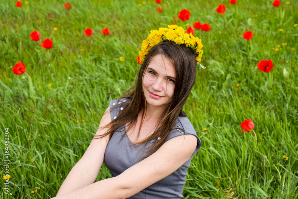 Beautiful fairy young girl in a field among the flowers of tulips. Portrait of a girl on a background of red flowers and a green field. Field of tulips. Beautiful fairy young girl in a field among the flowers of tulips. Portrait of a girl on a background of red flowers and a green field. Field of tulips.