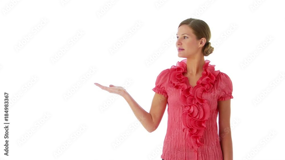 Portrait of young woman holding out hand Portrait of young woman holding out hand