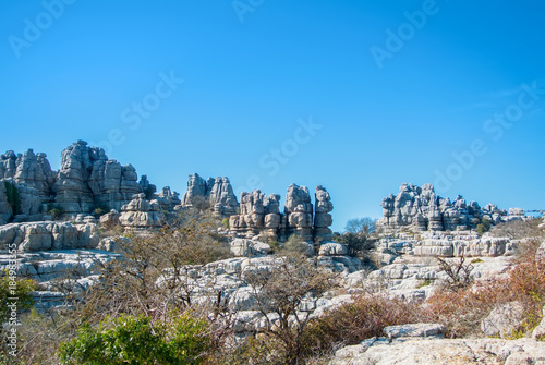 Panoramic aerial top view of mountains stones of El Torcal natural park and a lot of trees on sunny winter day, Malaga province, Andalusia, Spain.
