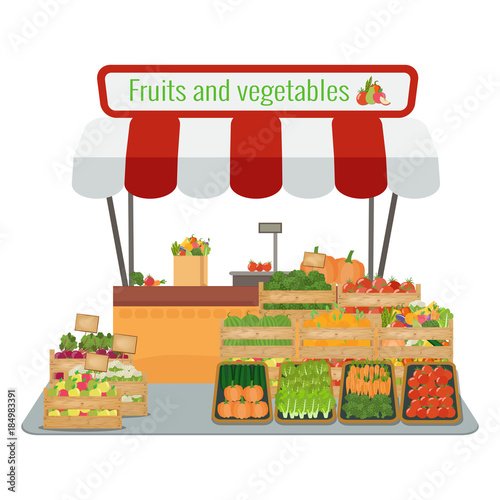 Local farm fruits and vegetables market. Vector flat illustratio