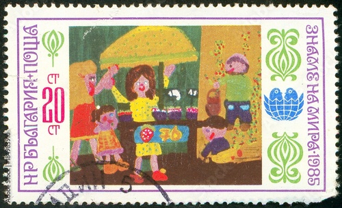 UKRAINE - circa 2017: A postage stamp printed in Bulgaria shows Children's drawings, Serie Int. Children's Assembly Banner of Peace, circa 1985