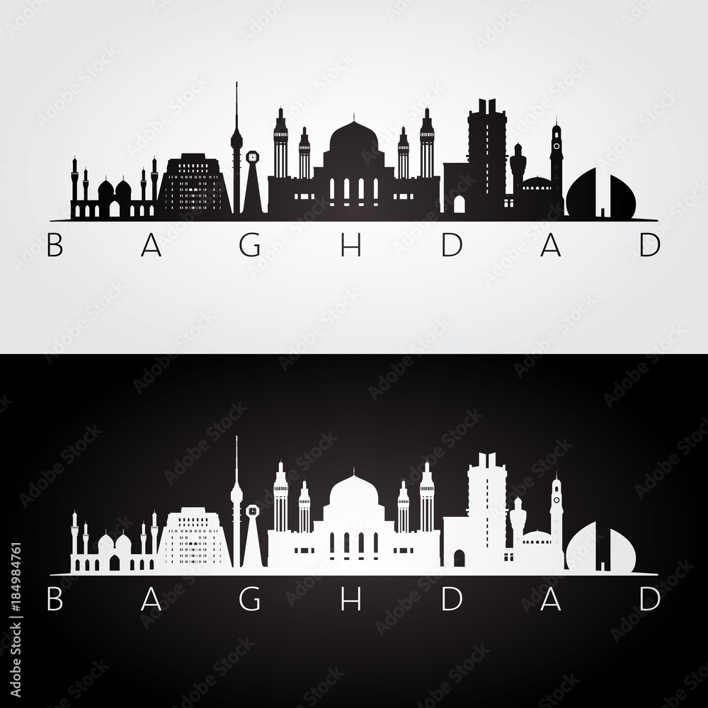 Baghdad skyline and landmarks silhouette, black and white design, vector illustration.