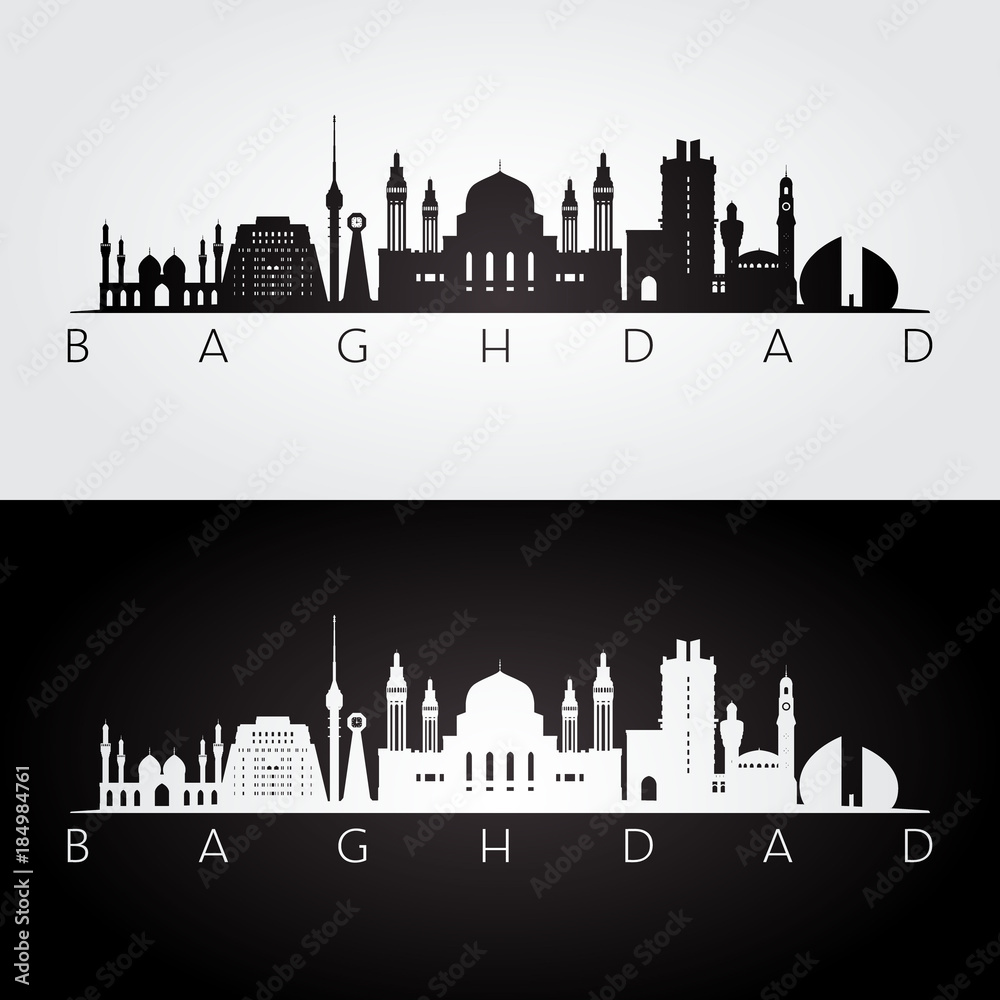 Fototapeta premium Baghdad skyline and landmarks silhouette, black and white design, vector illustration.