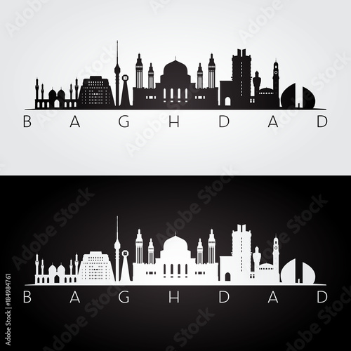 Baghdad skyline and landmarks silhouette, black and white design, vector illustration.