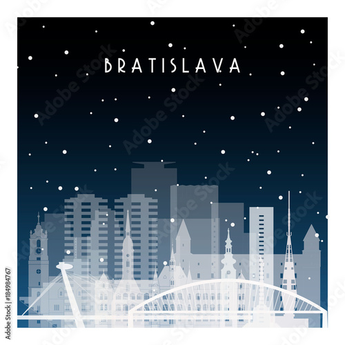 Winter night in Bratislava. Night city in flat style for banner, poster, illustration, background.