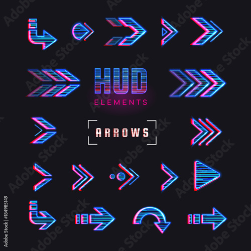Futuristic interface hud design elements. Set of arrows, pointers, direction. Set of holographic arrows, pointers, direction for infographics. Effect glitch or neon or hologram.Tech and science theme.