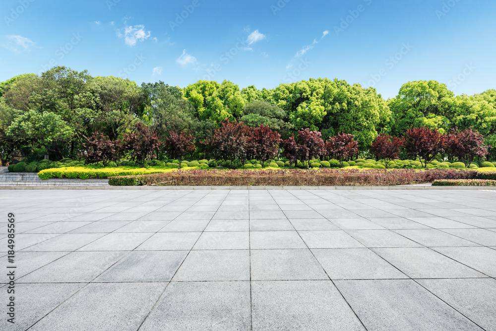 Empty city square floor and green forest nature landscape