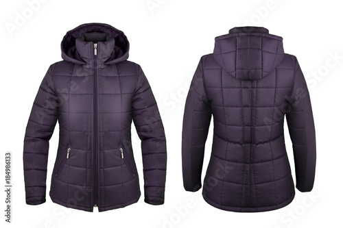 Violet down jacket with hood front and back isolated on white