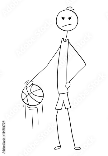 Vector Cartoon of Tall Basketball Player Posing and Dribbling with Ball