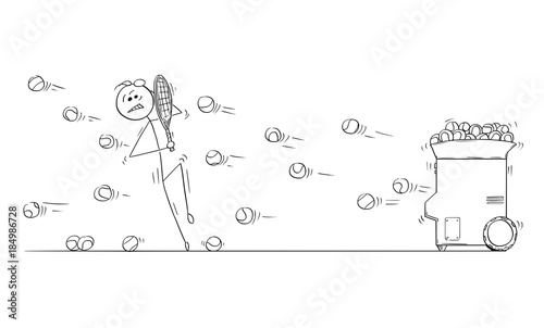 Vector Cartoon of Man Playing Against Tennis Ball Launcher Machine
