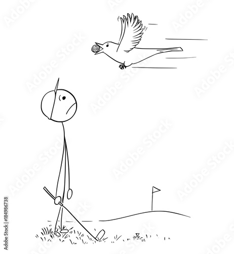 Male Golf Player Sad Looking at Bird Carrying his ball