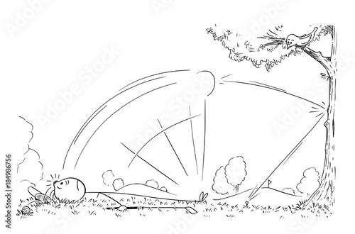 Cartoon of Male Golf Player Hit by His Ball