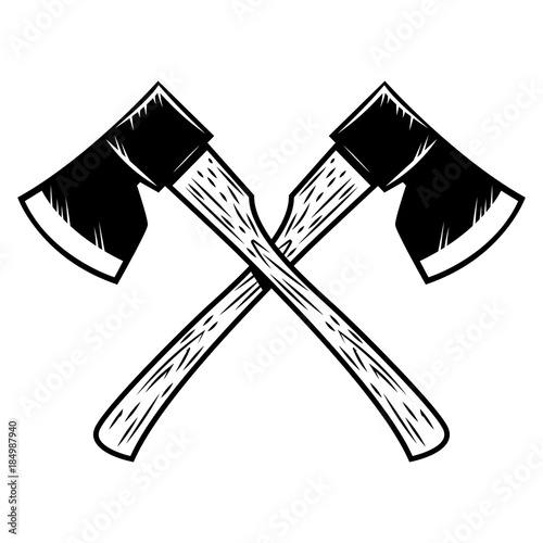 Crossed lumberjack axes isolated on white background. Design element for poster, emblem, sign, banner.