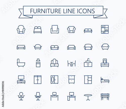 Furniture line mini icons.Editable stroke. 24x24 grid. Pixel Perfect.