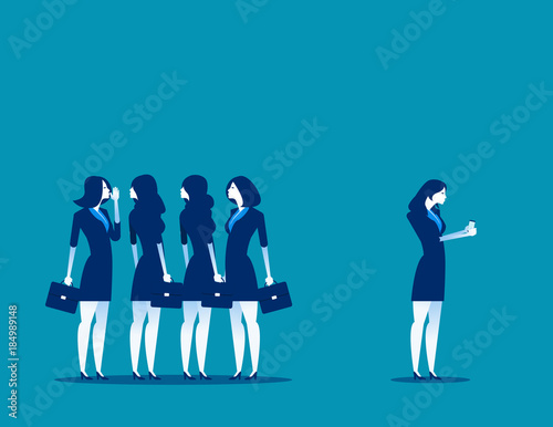 Society at work. Business person separated from the group of friends to using phone. Concept business vector illustration.