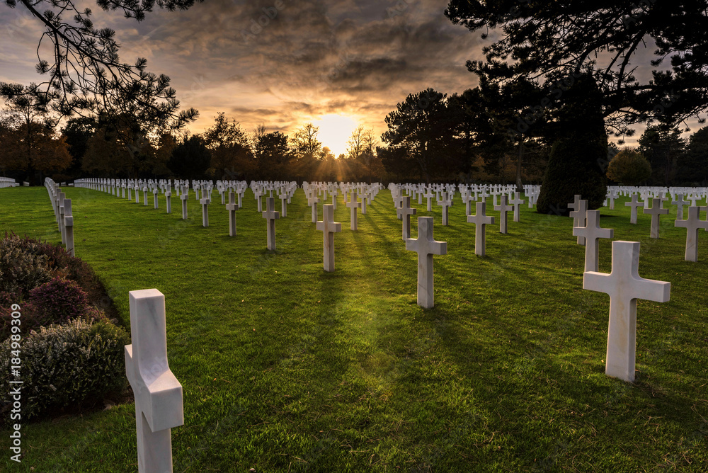 The sun sets over the American Cemetery in Colleville-sur-Mer, Normandy, France.