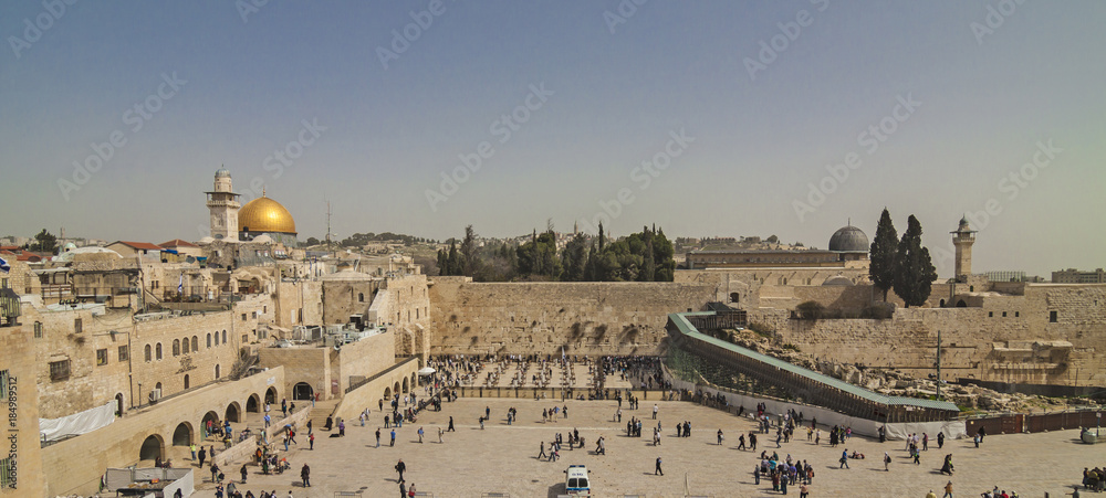 Israel - Jerusalem - Panoramic view of Western Wall (Wailing Wall, Kotel) with cupolas of Dome of the Rock and Al-Aqsa Mosque