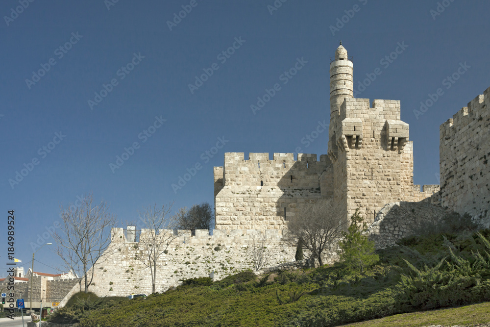 Israel - Jerusalem - Tower of David (aka Jerusalem Citadel, Migdal David or Burj Daud) near Jaffa gate from outside the wall of old city of Jerusalem with space for text block