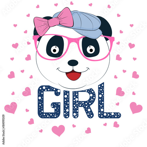 Portrait Cute panda in cap. Greeting card..