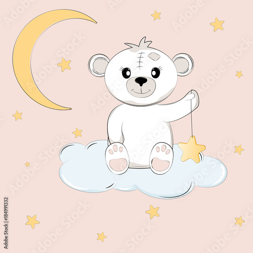 Cute teddy bear on the cloud holds the star.