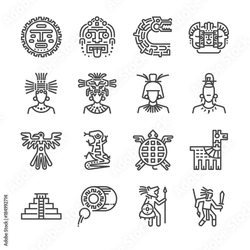 Aztec icon set. Included the icons as maya, mayan, tribe, antique, pyramid
, warrior and more. photo