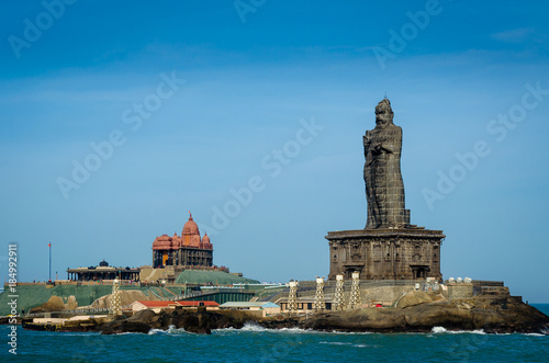 Vivekananda Rocks at Kanyakumari, India, against a blue sky. photo