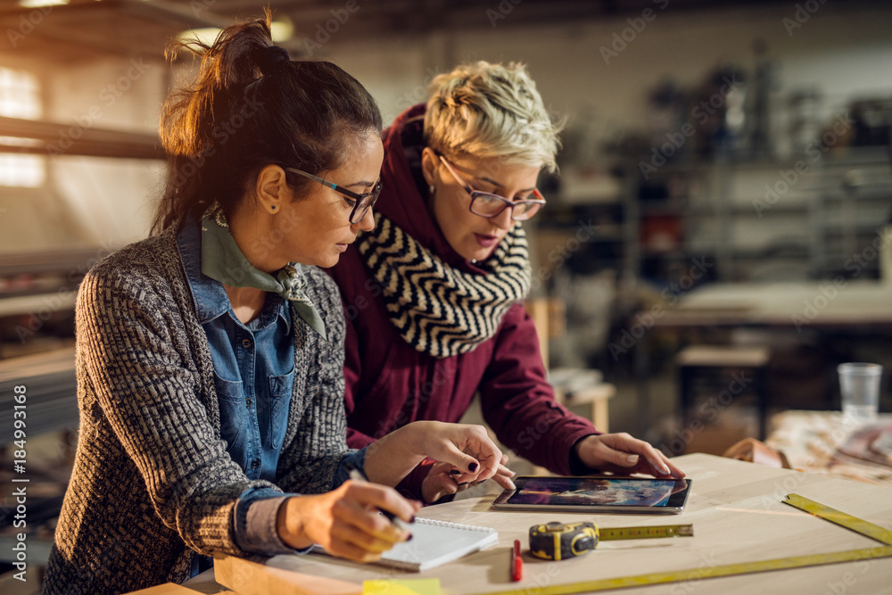 Fototapeta premium Close up view of hardworking focused professional motivated engineer woman working with a customer while choosing a product on a tablet in the sunny fabric workshop.