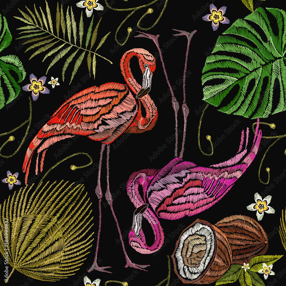 Fototapeta premium Embroidery flamingo , palm tree leaves, coconut tropical seamless pattern. Fashionable embroidery pink flamingos, tropical summer background. Fashionable template for design of clothes