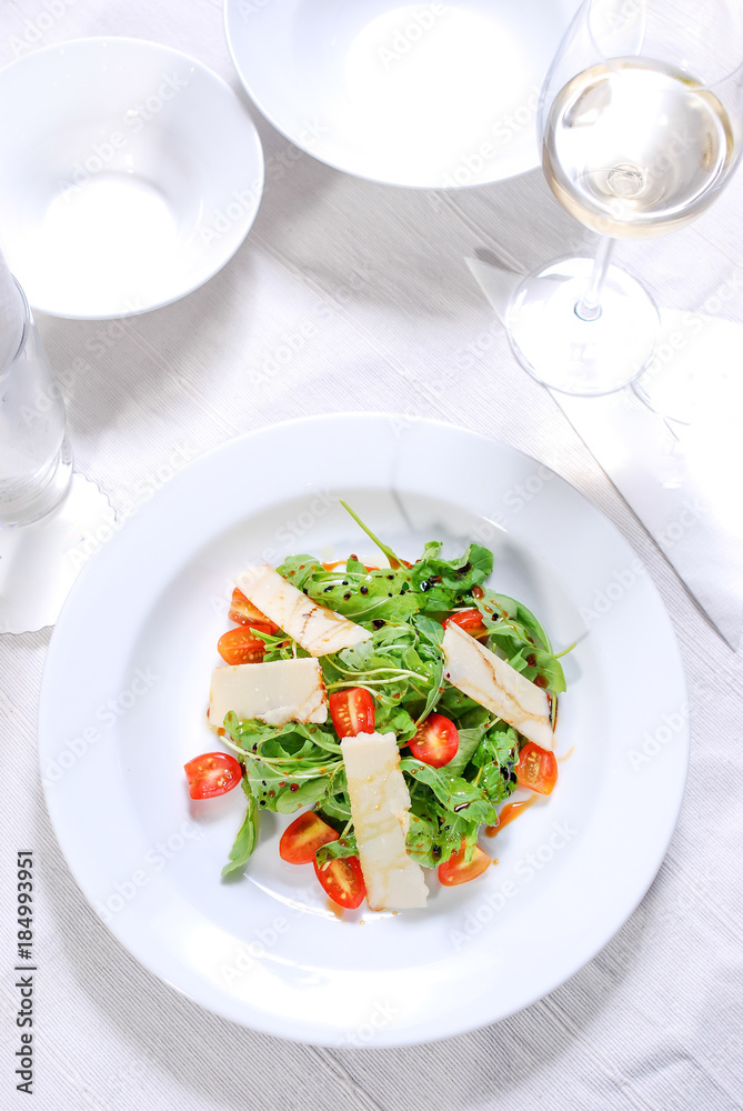 salad with cheese and wine