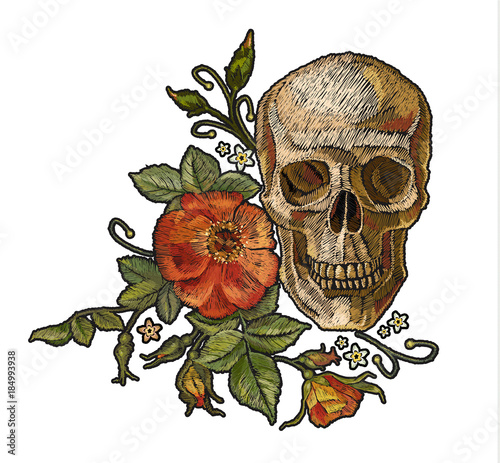 Gothic romanntic embroidery human skulls red roses, clothes template and t-shirt design vector. Embroidery skull and roses. Dia de muertos, day of the dead art