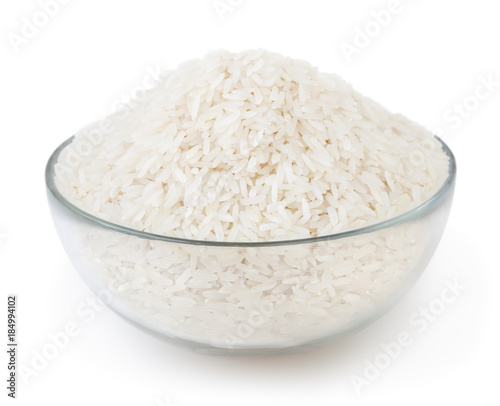 White long-grain rice in glass bowl isolated on white background with  clipping path Stock Photo | Adobe Stock