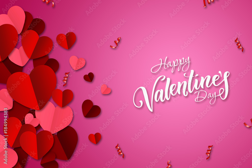 Happy Valentine's Day, web banner. Composition with red, paper hearts on a pink background. Romantic background, Flyer, postcard, invitation, raster illustration.