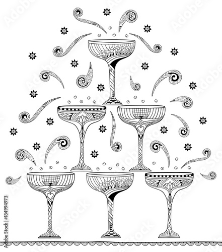 Glass with champagne. Doodle and zentangle style. Hand drawn coloring book. Vector illustration.