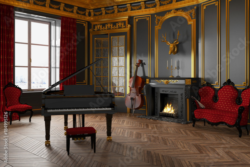Foto Schloss - Klavier - Kamin - Musikzimmer - Barock - Jugendstil