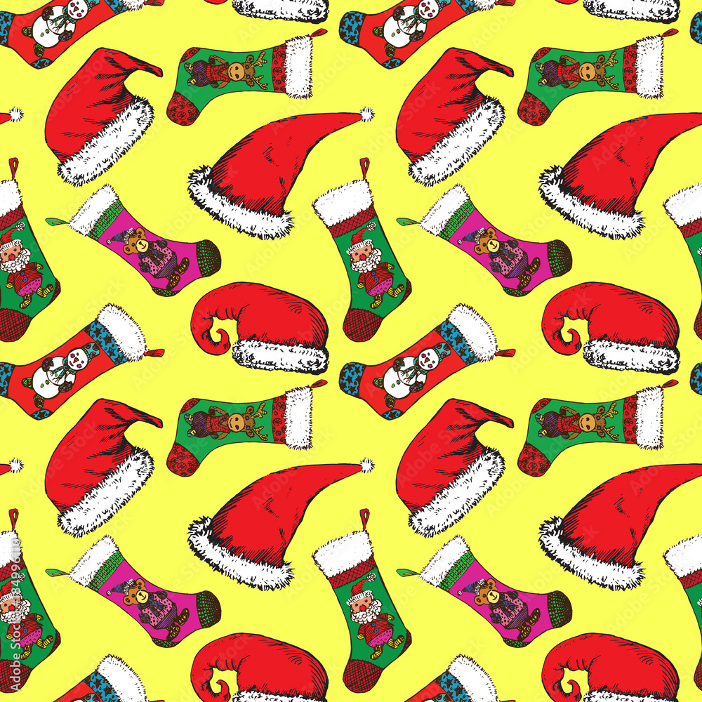 Santa hats, Christmas sock with Santa, bear, deer and snowman, hand drawn doodle sketch color illustration, seamless pattern design on yellow background