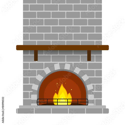 Vector illustration of grey brick fireplace isolated on white background, with empty shelf and burning fire in flat style.