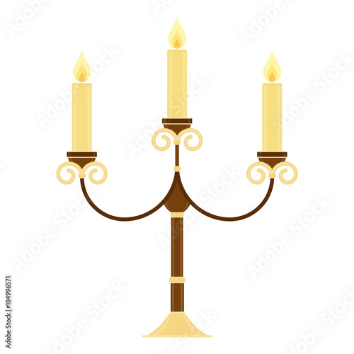 Vector illustration of vintage candelabrum isolated on white background. Candelabra in flat style. Glowing candles in chandelier.