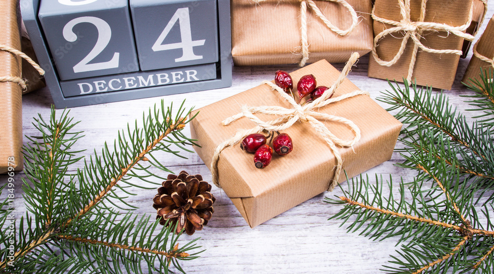 Rustic gift box with kraft paper. Christmas gift. Rustic gift box with kraft paper. Christmas gift.