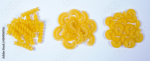 Mix of pasta on white background. Diet and food concept.