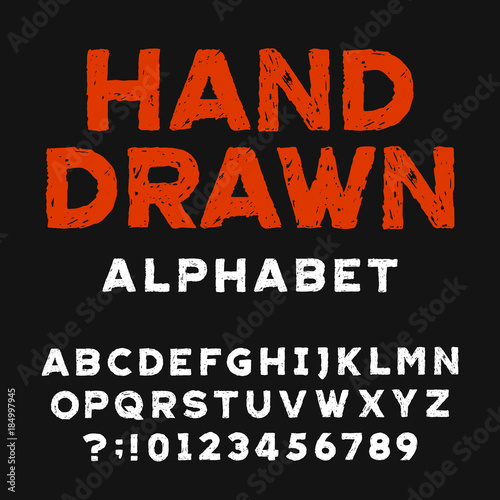 Hand drawn alphabet font. Distressed letters and numbers on a dark background. Stock vector typeface for your headers or any typography design.
