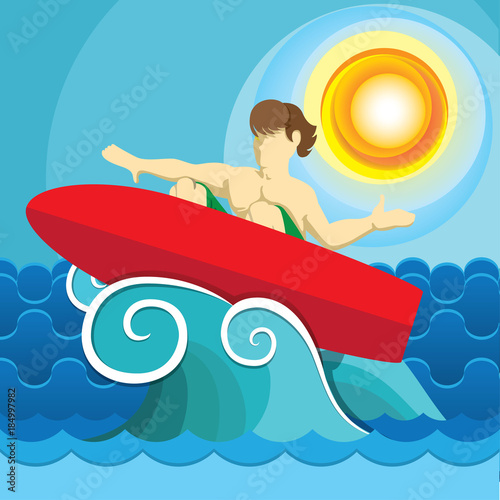 Illustration of surfer on surfboard surfing on wave  water sport. Ideal for sports and institutional materials