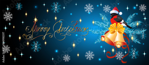 Christmas card with decorative spruce, bells and bullfinches in Santa hat