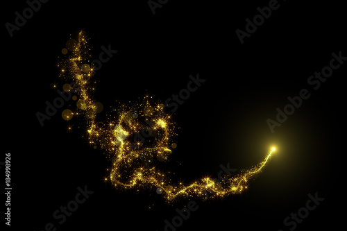 Christmas magic golden lights trail on black background for overlays.