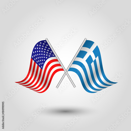ector two crossed american and greek flags on silver sticks - symbol of united states of america and greece