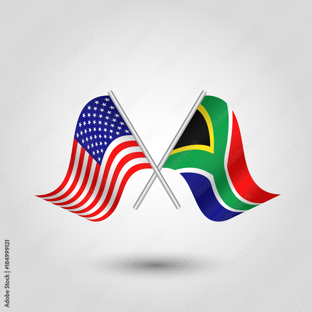 Fototapeta premium vector two crossed american and african flags on silver sticks - symbol of united states of america and south africa