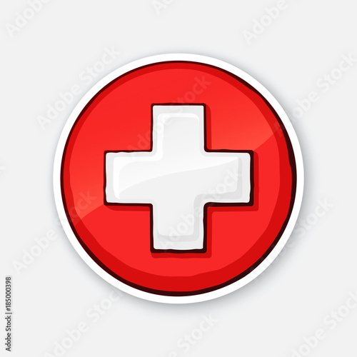 Vector illustration. Medical white cross. Hospital symbol. Icon of emergency health care. Sticker with contour. Isolated on white background. Decoration for patches, badges, prints for clothes