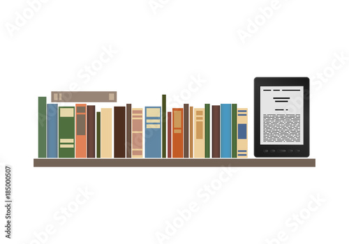 Books and e-book on a shelf on a white background.