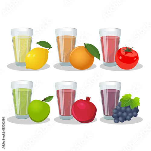 Glasses with juice and fruit isolated on white background.